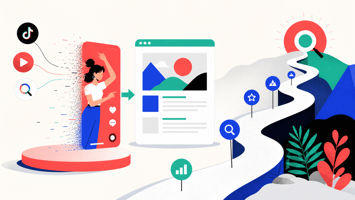 The image shows TikTok and YouTube platform interaction scenarios. On the left, TikTok and YouTube logos are displayed, with a woman jumping out from the TikTok logo, holding a phone showing the TikTok interface. On the right is a webpage interface displaying mountain imagery and text content. The scene also includes icons like a magnifying glass, map, and charts, along with winding mountain paths and plants. This image is related to the document's analysis of TikTok and YouTube search performance, visually presenting the interaction and content display of the two platforms.