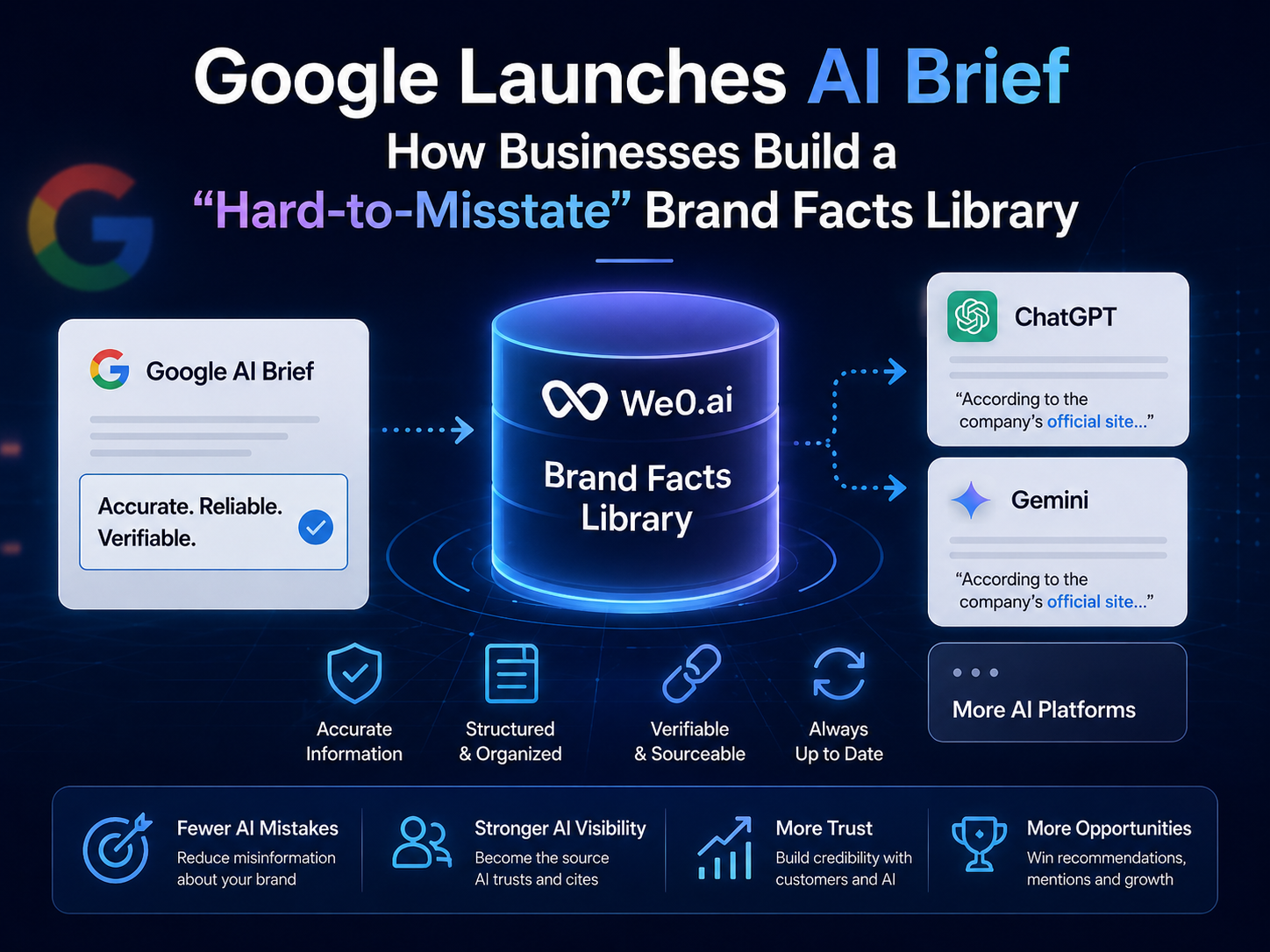 图片展示了Google推出AI Brief后,企业如何用We0.ai建立“不容易说错”的品牌事实库。左侧是Google AI Brief,强调准确、可靠、可验证。中间是We0.ai品牌事实库,其特点为准确信息、结构化与组织化、可验证且可溯源、始终更新。右侧列出ChatGPT和Gemini等AI平台。底部总结了建立品牌事实库带来的好处,包括减少品牌信息错误、增强AI可见性、建立信任、提供更多机会。
