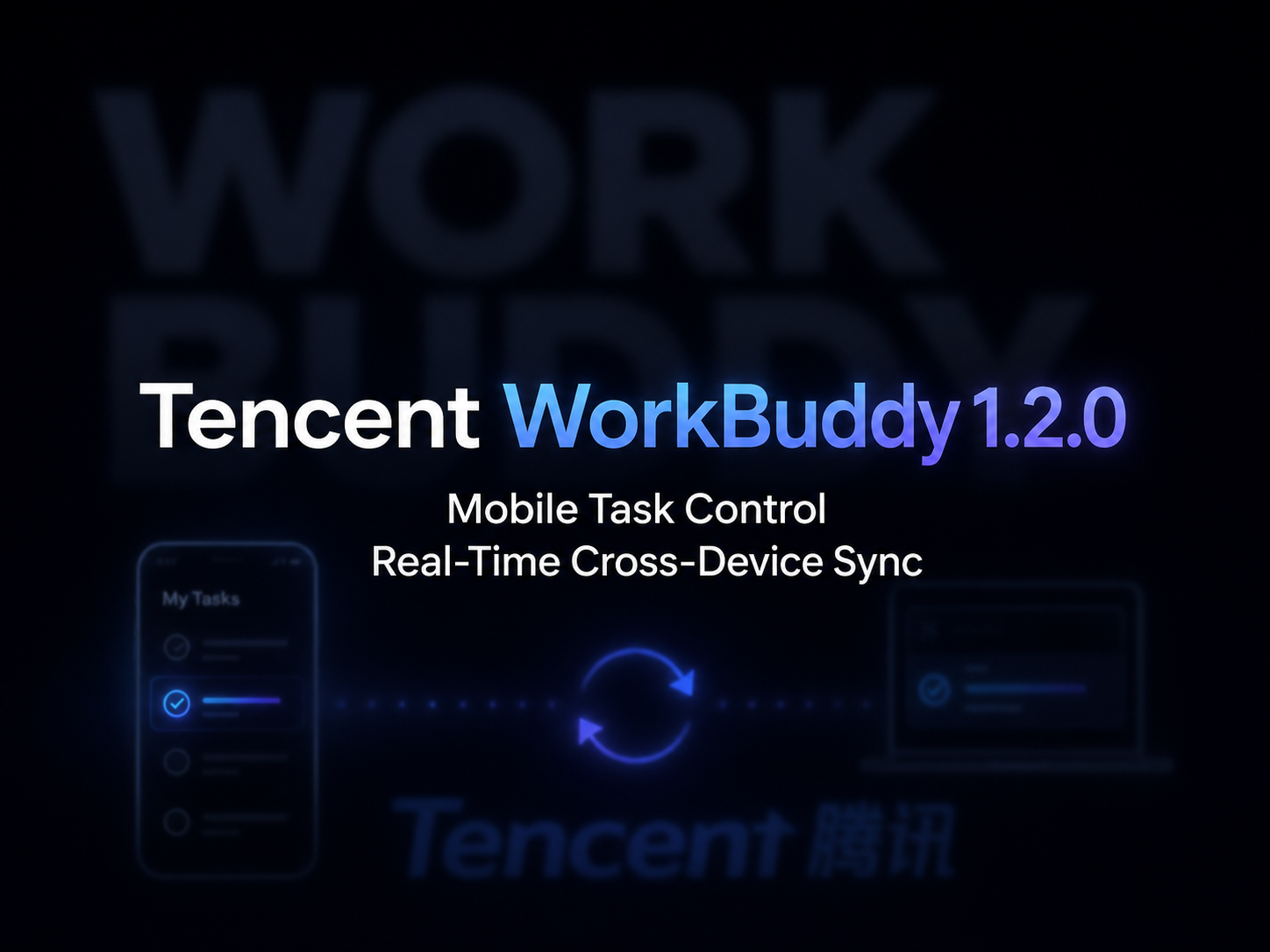 图片展示了Tencent WorkBuddy 1.2.0的相关信息。背景为深色,上方大写“WORK”和“BUD”部分被遮挡。中间以白色和蓝色字体显示“Tencent WorkBuddy 1.2.0”,下方分别以白色和蓝色字体标注“Mobile Task Control”和“Real-Time Cross-Device Sync”。底部左侧有手机图标,显示“My Tasks”及任务列表;右侧有电脑图标。腾讯标志位于底部中央。该图与文档中介绍Tencent WorkBuddy 1.2.0更新内容的上下文相关,突出其新功能。