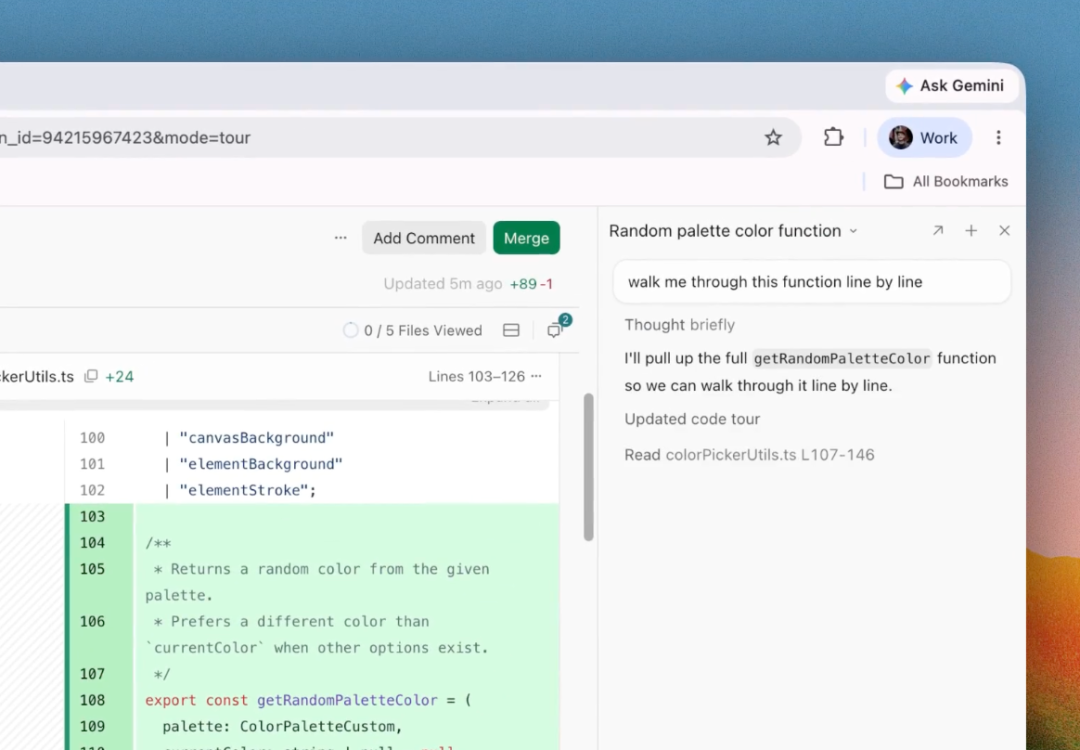 A imagem mostra a interface de revisão de código da plataforma Cursor Origin. No lado esquerdo está a seção de arquivos de código, exibindo parte do conteúdo do código, como definições de variáveis como canvasBackground. No lado direito está a área de revisão de código, com os botões "Add Comment" e "Merge" na parte superior, e abaixo as opções de visualização "Activity", "Commits", "Checks", "Files Changed". O lado direito também exibe o código da função "Random palette color function", com dicas de ação como "walk me through this function line by line", além de conteúdos atualizados como "Updated code tour" e "Read colorPickerUtils.ts L107-146". A imagem está relacionada ao conteúdo que documenta os recursos de revisão de código da plataforma Origin.