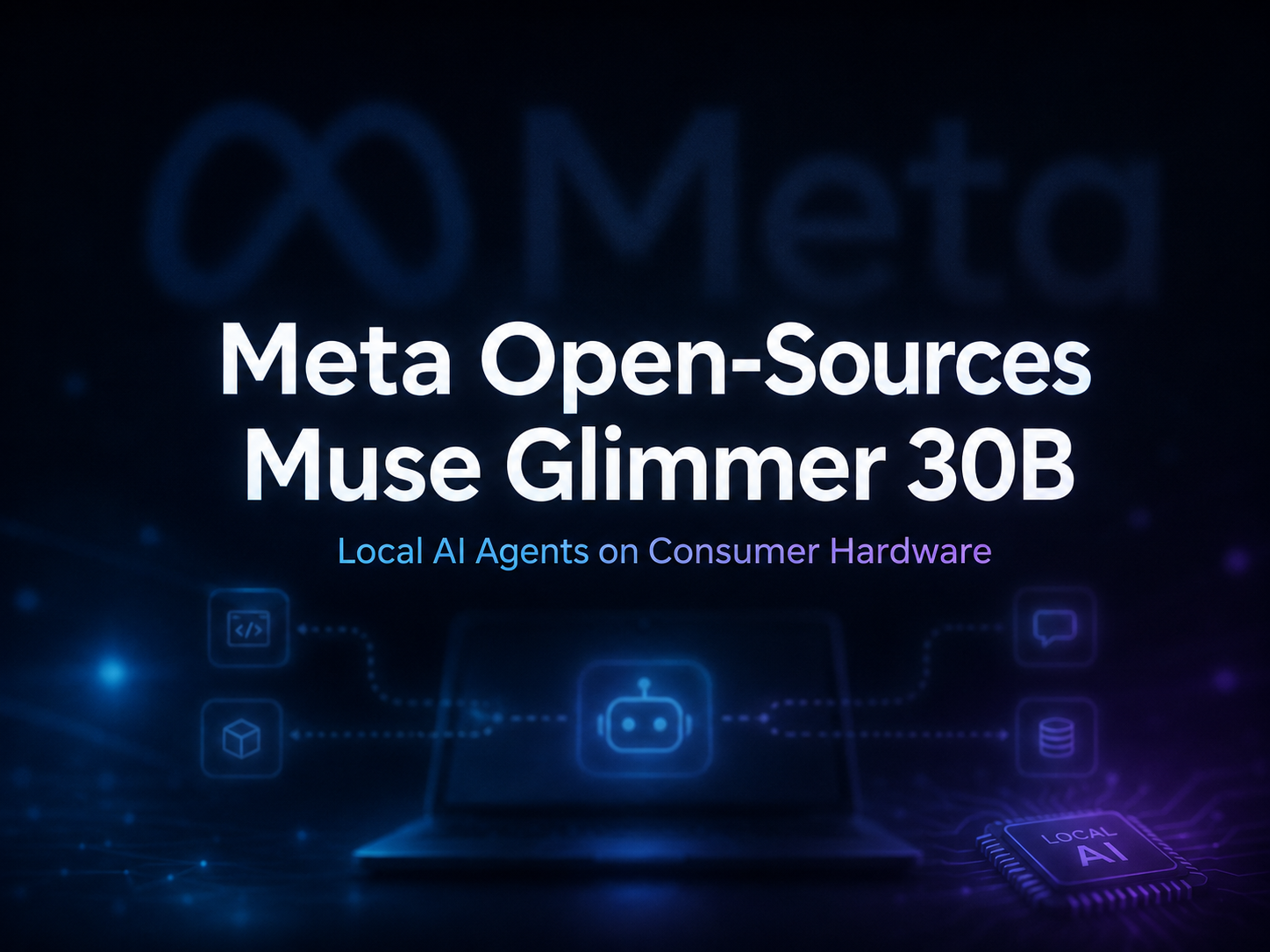 图片为 Meta 开放 Muse Glimmer 30B 的宣传图,背景为深蓝色,左上角有 Meta 的标志。中间大字标题为“Meta Open-Sources Muse Glimmer 30B”,下方副标题为“Local AI Agents on Consumer Hardware”。画面下方有笔记本电脑、机器人、代码、数据库等图标,右侧是带有“Local AI”字样的电路板。该图与文档中介绍 Meta 开放 Muse Glimmer 30B,适用于本地 AI 代理等内容相契合,直观呈现了主题。