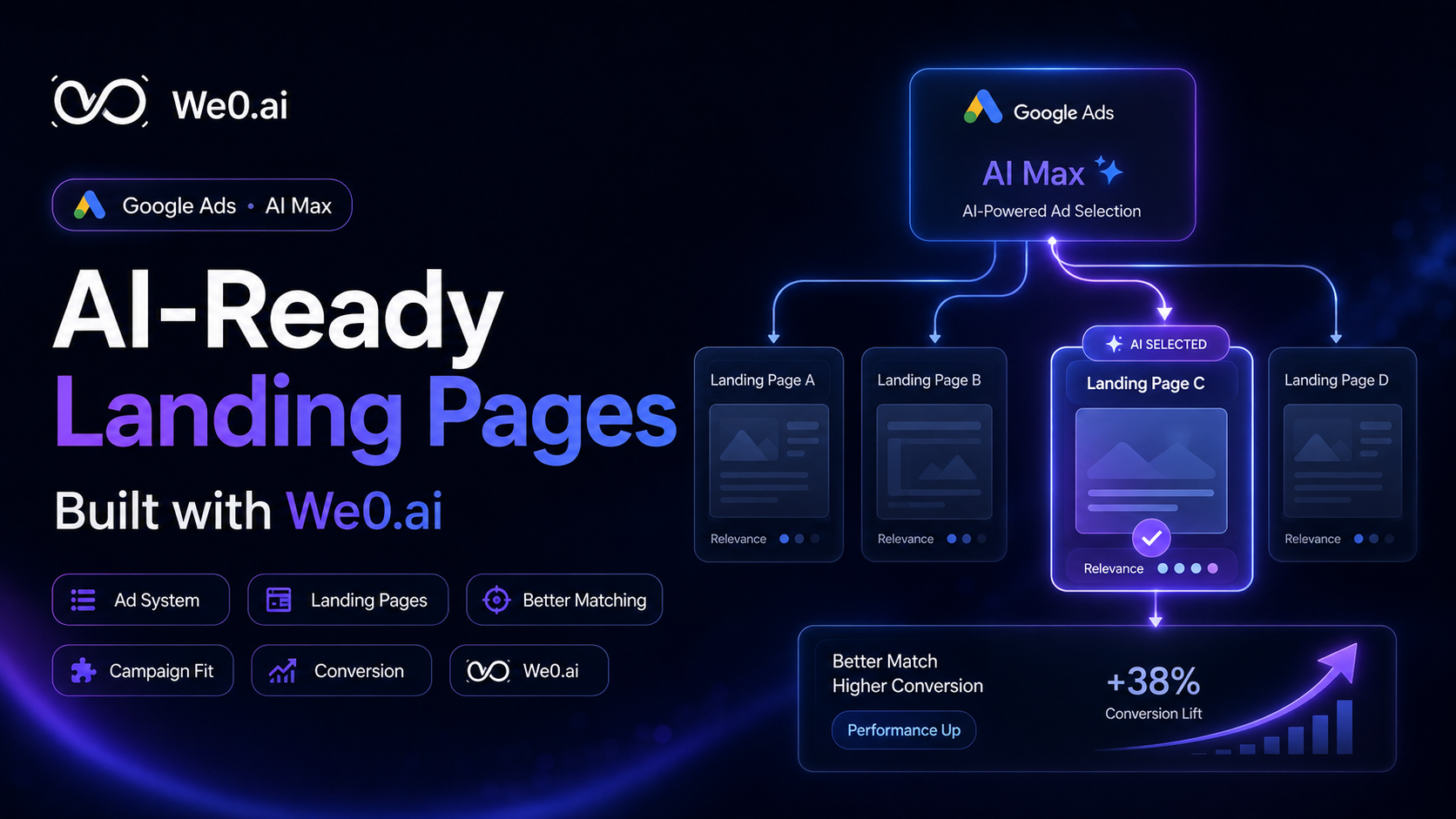 图片展示了We0.ai与Google Ads AI Max的合作,强调AI-Ready Landing Pages。画面中,We0.ai标志及“AI-Ready Landing Pages Built with We0.ai”字样突出显示。上方有“Google Ads - AI Max”标识。右侧呈现了Landing Page A、B、C、D,其中Landing Page C被AI选中,下方标注“Better Match Higher Conversion Performance Up +38%”。该图与文档中介绍Google Ads正在全面转向AI Max,企业可利用We0.ai构建AI更容易选对的广告落地页体系的内容相契合。