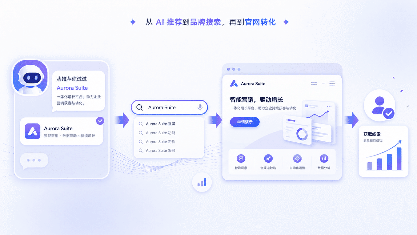 图片展示了从AI推荐到品牌搜索,再到官网转化的流程。左侧是AI推荐界面,显示“我推荐你试试Aurora Suite”,并有其图标。中间是搜索界面,搜索框内显示“Aurora Suite”,下方有官网、应用商店等搜索结果。右侧是Aurora Suite平台界面,有“智能营销,驱动增长”等字样,下方有智能营销、全链路触达、自动化运营、数据分析等功能图标。右侧最右侧是获取线索界面,有图表和“获取线索”按钮。该图与上下文介绍企业接住AI推荐后再搜索品牌流量的内容相契合。