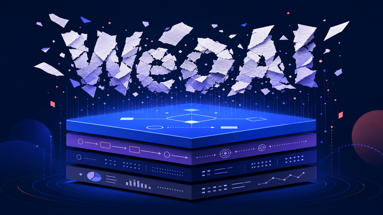 这张图片的核心主体是由碎裂纸片形态构成的“We0.ai”字样，悬浮于上方；下方是三层堆叠的深色平台，每层平台表面都带有不同的数据相关图案，包括折线、柱状图、流程图符号等。图片整体采用深蓝色调，契合AI、数据相关的主题，与上下文介绍的We0.ai在AI领域的内容创新业务相呼应，直观呈现出该品牌与数据、内容资产构建的关联。
