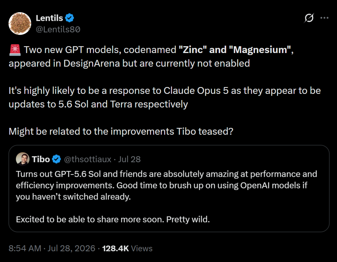 图片是一条推文,发布者为@Lentils80,内容提到在DesignArena中出现了两款新GPT模型,代号为“Zinc”和“Magnesium”,目前未启用。推文猜测这两款模型可能是对Claude Opus 5的回应,因为它们似乎是5.6 Sol和Terra的更新版本。还引用了@thsoittiaux于7月28日的推文,其表示GPT-5.6 Sol等模型在性能和效率提升方面非常出色,对OpenAI模型感兴趣的人应趁此机会学习使用,还表达了能分享更多内容的兴奋之情。