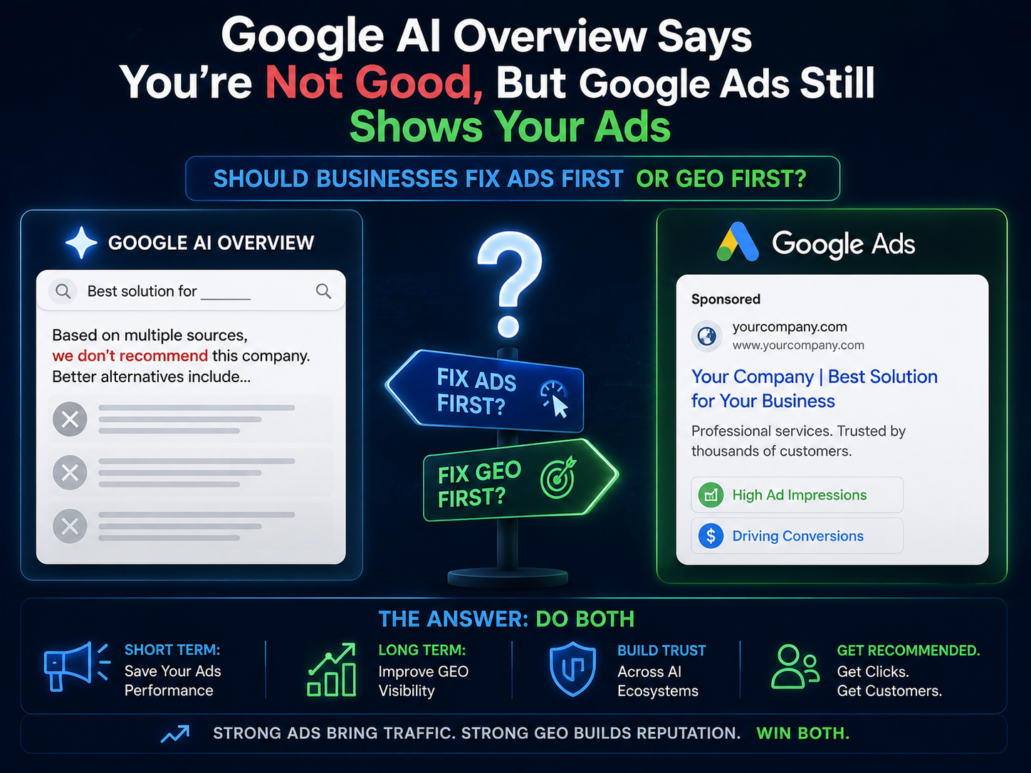 图片以“Google AI Overview说你不好,但Google Ads还在给你投广告”为题,探讨企业应先修广告投放还是先做GEO。左侧是Google AI Overview的界面,显示基于多个来源不推荐该企业,有“Fix Ads First”和“Fix GEO First”的选择。右侧是Google Ads的界面,展示企业广告信息及高点击率、转化率等数据。底部强调“短中期:拯救广告表现;长期内:提升GEO可见度”,并指出“强广告带来流量,强GEO建立声誉,两者皆赢”。