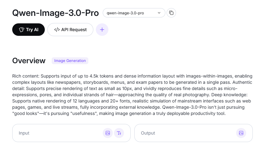 图片展示了Qwen-Image-3.0-Pro的概述界面。上方有“Try AI”按钮和“API Request”选项。下方“Overview”部分介绍其支持4.5K token输入和密集信息布局,可生成复杂布局如报纸、故事板等;支持10px小字渲染,真实再现微表情等细节;支持12种语言和20多种字体渲染,模拟网页、游戏等主流界面,融入外部知识。强调其追求“有用性”,使图像生成成为真正可部署的生产力工具。