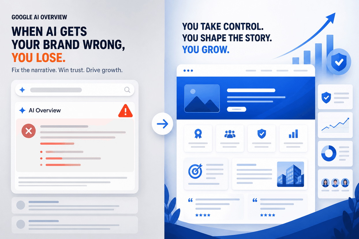 صورة تعرض محتوى ترويجيًا لـ Google AI Overview. على اليسار، عنوان "WHEN AI GETS YOUR BRAND WRONG, YOU LOSE" يؤكد أن أخطاء الذكاء الاصطناعي في فهم العلامة التجارية تسبب خسائر، مع شعار "Fix the narrative. Win trust. Drive growth." ومثال على خطأ في تفسير الذكاء الاصطناعي محدد بإطار أحمر وعلامة ×. على اليمين، عنوان "YOU TAKE CONTROL. YOU SHAPE THE STORY. YOU GROW." يشير إلى أن المستخدم يتحكم في قصة العلامة التجارية لتعزيز النمو، مع واجهة موقع تحتوي على رسوم بيانية وأيقونات وصور رمزية. الصورة مرتبطة ارتباطًا وثيقًا بالنص وتعرض بشكل مباشر الفكرة الترويجية لـ Google AI Overview.