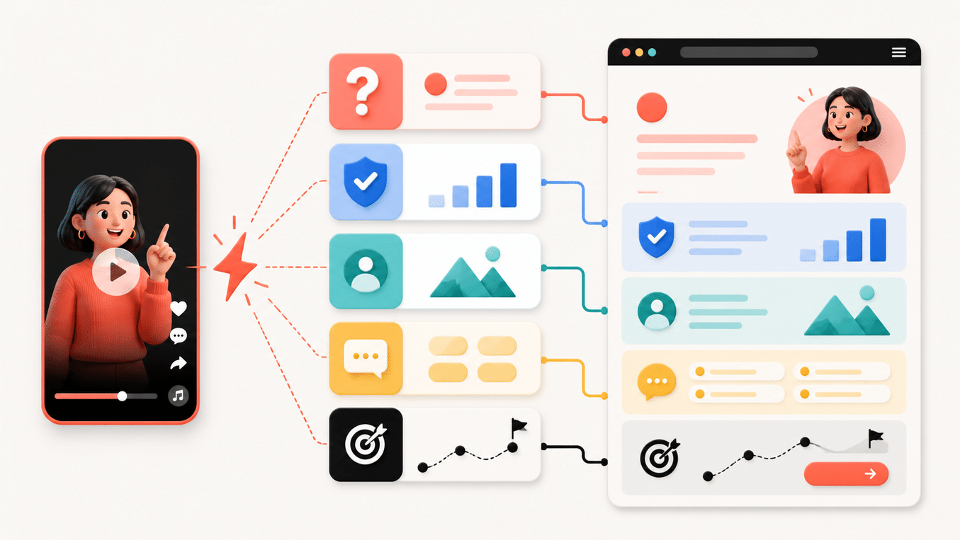 This image shows a flow diagram of the We0.ai growth loop (Build->Showcase->Grow->Leads): on the left is a phone interface representing short-form video content, on the right is the corresponding generated page interface, and in the middle, different icons and connecting lines link the five stages — an analysis icon with a question mark, a data icon with a checkmark, a people icon, an interaction icon with a speech bubble, and a conversion icon with a path endpoint. This image corresponds to the document's content about "turning viral short-form videos into long-term SEO pages, forming a complete loop from short-video content to search interest to conversion action," visually presenting the process and interconnections of converting video content into pages that generate search leads, and clarifying the operational logic of turning content into effective traffic and leads.