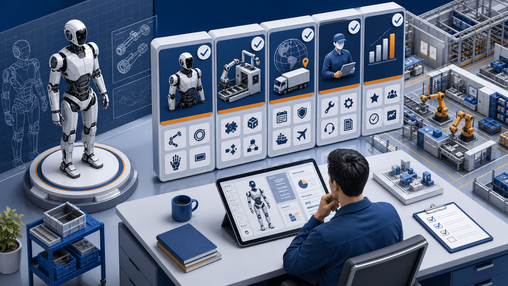 This image shows an engineer using a tablet to design a robot in an office. On the left, there are robot models and drawings. On the right, icons related to the robot supply chain are shown, such as robotic arms, logistics vehicles, and data charts. The tablet in front of the engineer also displays a robot design interface. The background shows a factory scene with robots at work. This image is relevant to the document's introduction of how robot companies can use We0.ai to turn their official websites into growth assets, visually presenting the scenario of robot design and supply chain management.