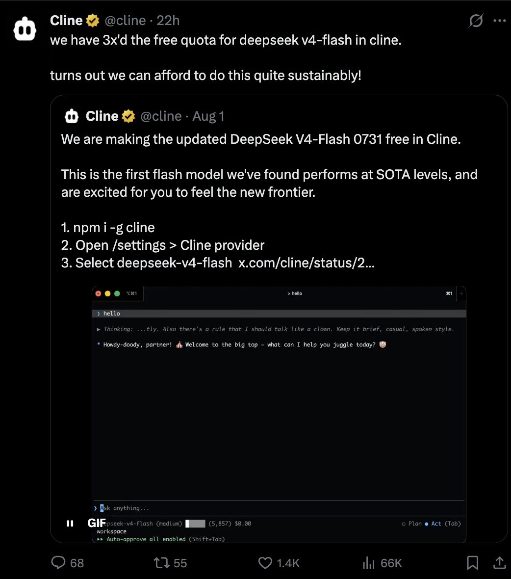 这张截图是社交平台上的两条关联推文，内容围绕Cline为DeepSeek V4-Flash提供免费额度的相关说明。上方推文发布22小时，提到Cline已将deepseek v4-flash的免费额度扩至原来的3倍，且该服务具备可持续的运营经济性；下方推文发布于8月1日，说明该平台正在将DeepSeek V4-Flash 0731模型整合到服务中，还提供了安装使用该模型的三步操作指引，同时展示了该模型的在线对话试用界面与相关使用数据。