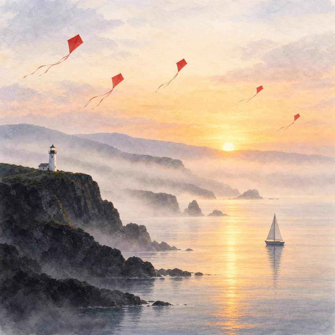 图片为一幅水彩风格的海岸日落场景。画面中,夕阳悬于海天相接处,将天空染成橙黄色,海面反射着温暖的光芒。远处山峦隐约,近处岩石错落,有灯塔矗立。海面上,一只帆船悠然航行。天空中有五只红色风筝随风飘扬,增添了画面的生动感。整体色调柔和,层次分明,展现了朦胧的氛围与细腻的质感,体现了艺术图像在色彩、光影等方面的高级表现力。