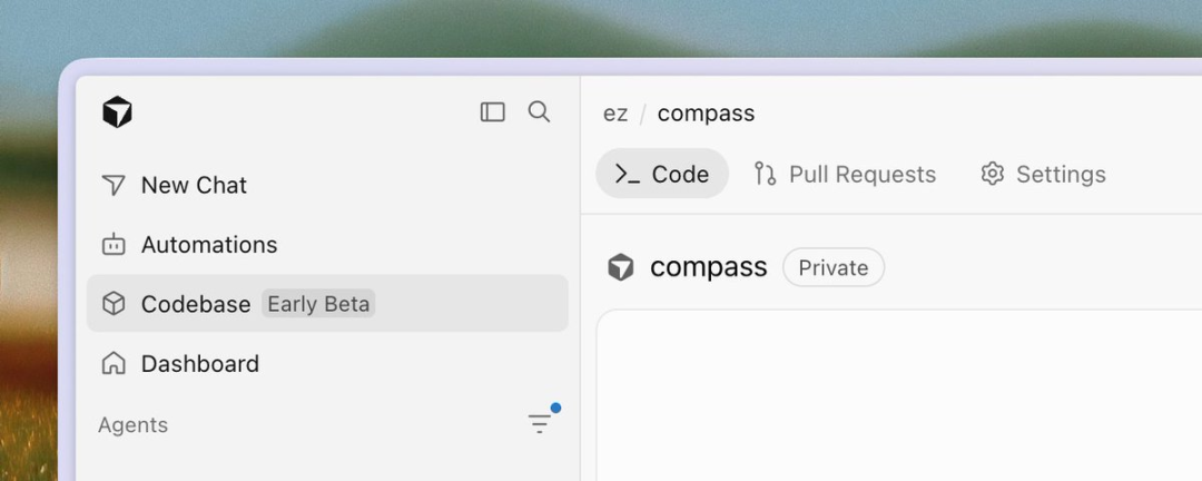A imagem mostra a interface do Cursor Origin. À esquerda, há uma barra de navegação com opções como "New Chat", "Automations", "Codebase Early Beta", "Dashboard" e "Agents", sendo que "Codebase Early Beta" está destacada. À direita, é exibido o repositório privado chamado "compass", com três abas: "Code", "Pull Requests" e "Settings", sendo que a aba "Code" está selecionada no momento, e abaixo está a área de conteúdo do código do repositório. A imagem está relacionada ao conteúdo que apresenta os recursos do Cursor Origin na documentação, mostrando visualmente seu layout de interface e parte de suas funcionalidades.