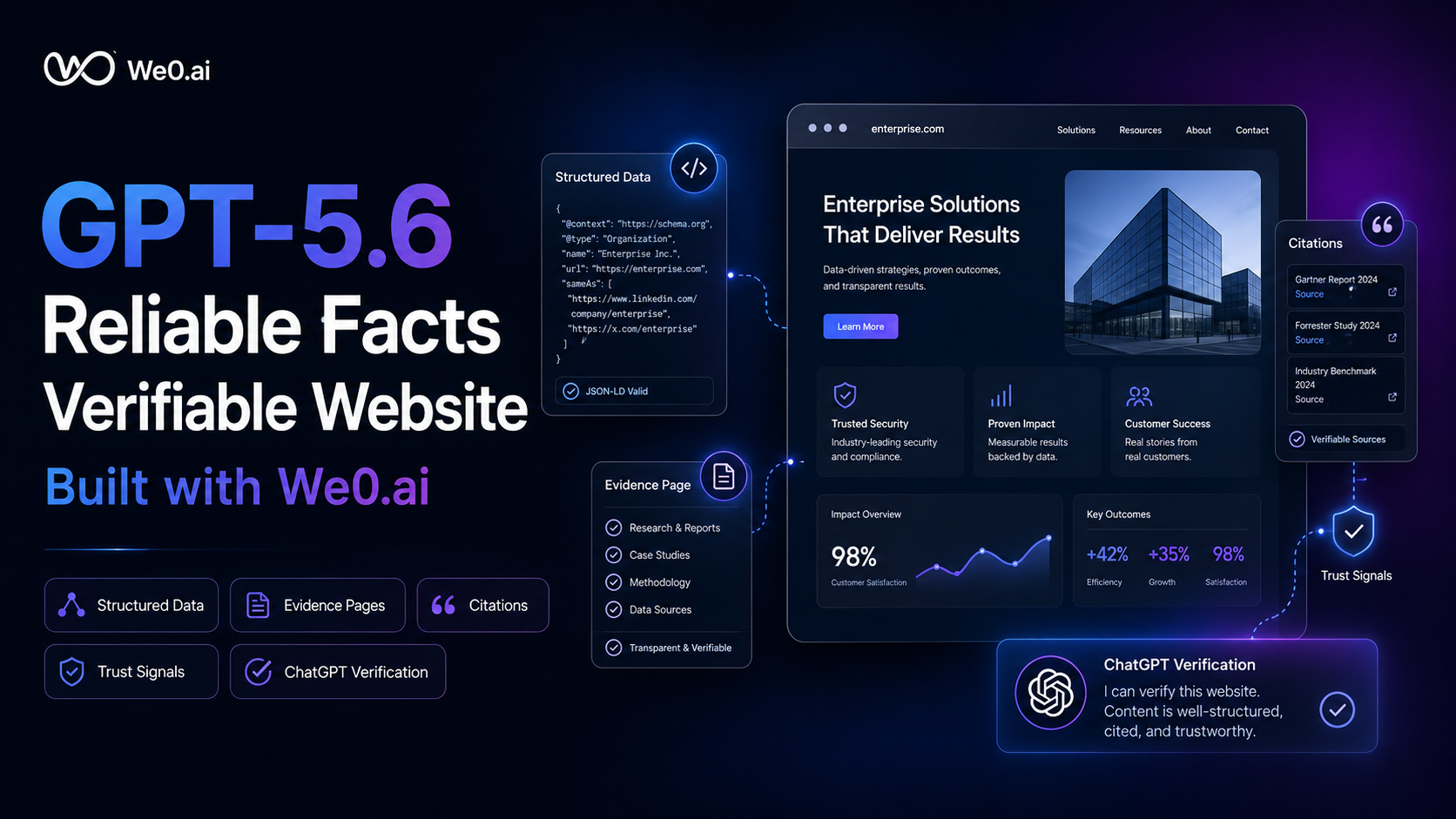 图片展示了We0.ai打造的GPT-5.6可靠事实可验证网站。左侧以蓝色为主色调,呈现“GPT-5.6 Reliable Facts Verifiable Website Built with We0.ai”字样,下方有“Structured Data”“Evidence Pages”“Citations”“Trust Signals”“ChatGPT Verification”五个板块。右侧展示企业官网界面,有“Enterprise Solutions That Deliver Results”等内容,还列出“Gartner Report 2024 Q4”“Forrester Wave”等参考文献。底部有“ChatGPT Verification”标识,强调网站内容结构良好、可信且值得信赖。