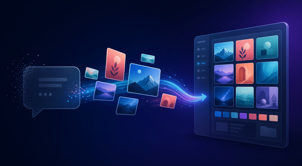 图片展示了一个AI图片生成与管理场景。左侧是一个对话框,从其散发出的光点中飞出多张带有不同风景图案的卡片,这些卡片被紫色光带连接。右侧是一个平板电脑界面,显示着多个风景图片缩略图。该图与文档中企业迁移AI图片至品牌素材库的内容相关,直观呈现了AI图片生成后从聊天记录迁移到品牌素材库的过程。