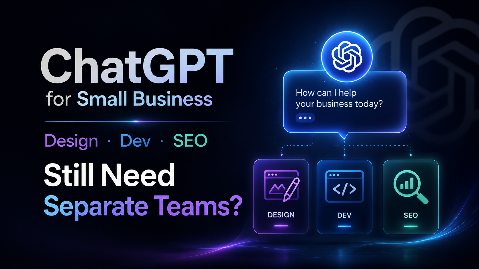 이 이미지는 ChatGPT가 소기업 운영에 미치는 영향을 중심으로, 메인 제목은 'ChatGPT for Small Business'이며, 핵심 의문은 소기업이 여전히 디자인, 개발, SEO 세 가지 팀을 별도로 구성해야 하는지입니다. 화면에서 ChatGPT는 자사 로고가 있는 대화 상자 형태로 존재하며, 'How can I help your business today?'라는 문구가 표시되고, 아래에는 DESIGN(디자인), DEV(개발), SEO(검색엔진최적화)의 세 가지 기능 모듈이 대응되어 있어, ChatGPT가 소기업이 별도로 구성하는 이 세 가지 팀의 관련 서비스를 대체할 수 있음을 직관적으로 보여줍니다. 이는 문서에서 ChatGPT가 소기업을 도울 수 있는지, 디자인·개발·SEO 전담 팀을 대체할 수 있는지에 대한 주제를 반영합니다.