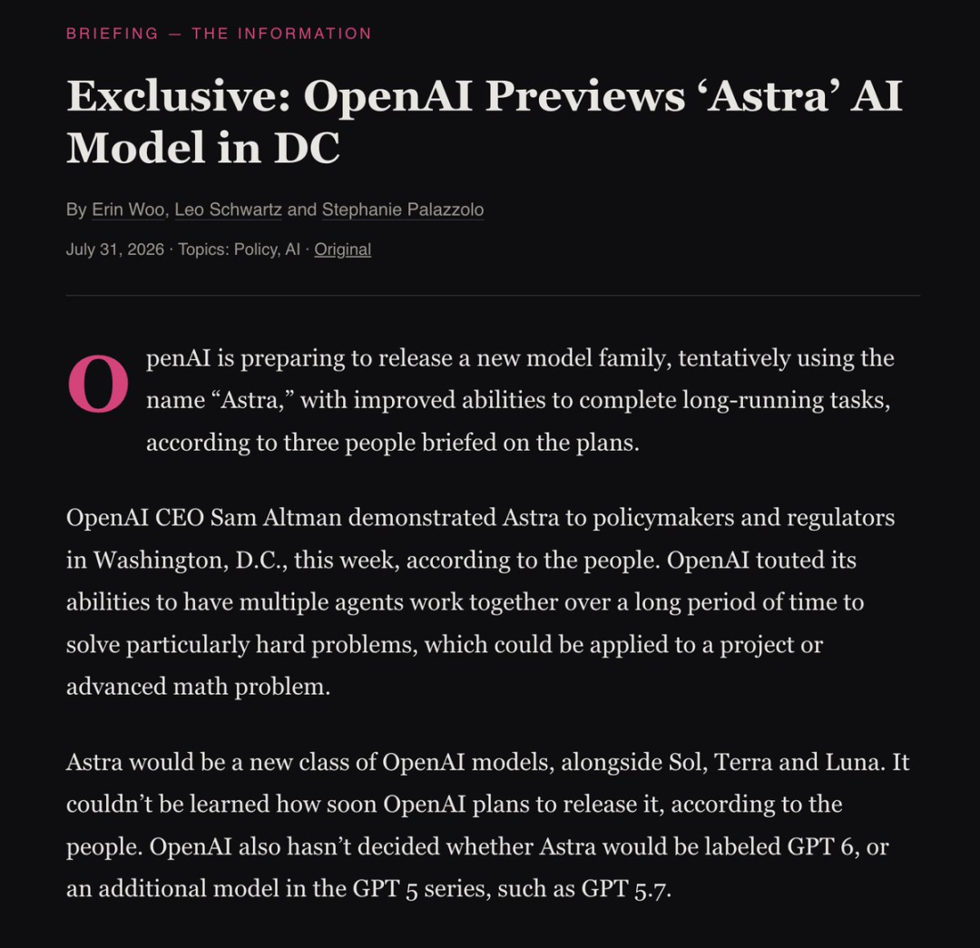 图片为The Information网站上的一篇报道,标题为“独家:OpenAI在DC预览‘Astra’AI模型”。报道日期为2026年7月31日,作者为Erin Woo、Leo Schwartz和Stephanie Palazzolo。内容提到OpenAI正准备发布一个新模型系列,暂定名为“Astra”,能完成长期任务等。CEO Sam Altman向华盛顿特区的政策制定者和监管机构展示了Astra,称其可让多个代理长期合作解决难题。Astra将与Sol、Terra和Luna一同成为新类OpenAI模型,但未明确发布时间、是否为GPT 6或GPT 5系列的额外模型。