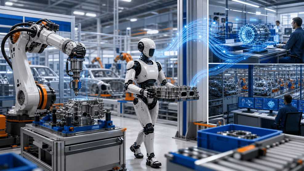 This image shows a scene from a modern smart factory. On the left, a robotic arm is machining a metal workpiece. A humanoid robot in the center is smoothly transporting workpieces. The workshop is also equipped with various industrial devices and operation displays. In the upper right, staff are observing operations using virtual imaging technology. The image highlights the application of robots in manufacturing, echoing the article's core theme of robot companies and related technology deployment and promotion in the manufacturing industry.