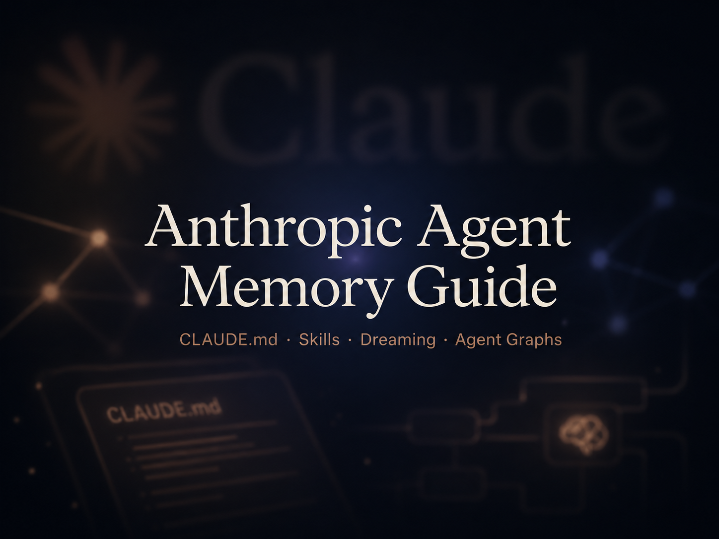 Das Bild ist das Cover des Anhtropic-Agentengedächtnis-Leitfadens. Der Hintergrund ist dunkel mit technologischen Linien und Knotenmustern. Oben auf dem Bild steht in großen Buchstaben „Claude“, darunter in großer Schrift „Anhtropic-Agentengedächtnis-Leitfaden“, und darunter in kleinerer Schrift „CLAUDE.md · Fähigkeiten · Träume · Agentengraph“. Das Bild steht im Zusammenhang mit dem Inhalt des Dokuments, in dem die Anhtropic-Ingenieurin Lamis Mukta die Entwicklung des Agentengedächtnisses erläutert, und veranschaulicht das Dokumentthema.