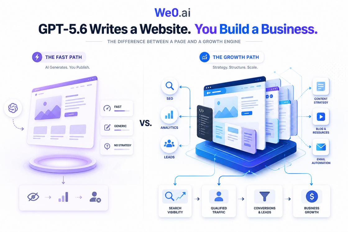 图片展示了We0.ai的宣传内容,标题为“GPT-5.6 Writes a Website. You Build a Business.”,强调其与ChatGPT的不同。左侧为“THE FAST PATH”,描述AI生成内容,用户发布,强调快速、通用、无策略。右侧为“THE GROWTH PATH”,表示策略、结构、规模,包含SEO、分析、内容策略、自动化等环节,最终实现业务增长。图片与上下文紧密相关,直观呈现了We0.ai与ChatGPT在网站建设方面的区别。