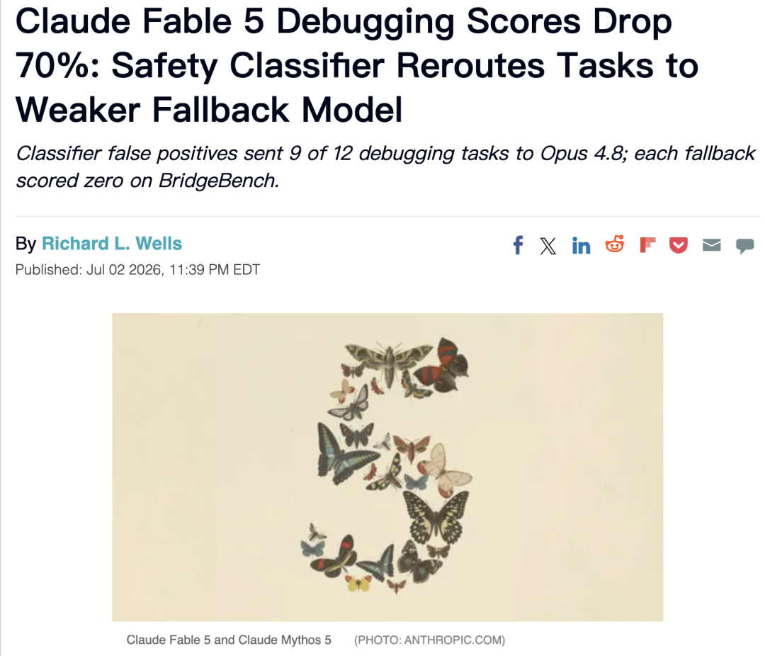 이 이미지는 관련 기사의 삽화로, Claude Fable 5 관련 유출 정보를 다룬 해당 기사 내용에 속하며, 화면의 주체는 다양한 색상의 나비와 나방 곤충으로 이루어진 숫자 "5"이고 전체적으로 자연스럽고 복고풍 스타일이다. 이미지 아래에는 "Claude Fable 5 and Claude Mythos 5"라고 표시되어 있으며, 출처는 "PHOTO: “ANTHROPIC.COM”과 기사에서 언급된 Claude Fable 5 관련 성능 변화 내용을 연계한 것이다.