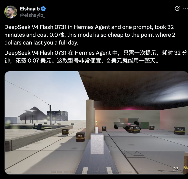 这是DeepSeek V4 Flash 0731生成的3D射击游戏Demo截图，对应文档中提及的用该模型在Hermes Agent中生成的可游玩3D射击游戏案例。截图来自名为Elshayib的账号发布的内容，该内容提及生成这款游戏仅耗时32分钟，花费0.07美元，还说明该模型成本低廉，2美元的使用成本就能支撑一整天的开发实验。游戏画面呈现了该Demo的第一人称视角场景，包含移动、射击等功能对应的游玩界面元素，还显示了弹药计数器相关内容，和文档中列出的游戏功能清单相呼应。