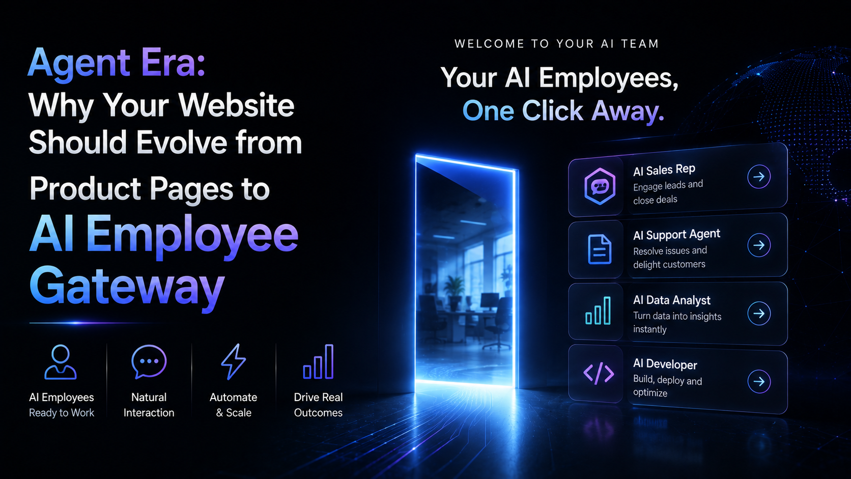 L’image illustre le thème « Agent Era : Why Your Website Should Evolve from Product Pages to AI Employee Gateway ». À gauche, le texte met l’accent sur le fait que le site web doit passer de pages produit à un portail d’employés IA, avec des icônes en dessous représentant l’employé IA, l’interaction naturelle, l’automatisation et la mise à l’échelle, et la génération de résultats concrets. À droite, le titre « Welcome to Your AI Team » présente des employés IA accessibles en un clic, notamment un représentant commercial IA, un agent de support IA, un analyste de données IA et un développeur IA, chacun accompagné de son icône correspondante. L’image est en lien étroit avec le contexte et illustre clairement le message central de l’article.