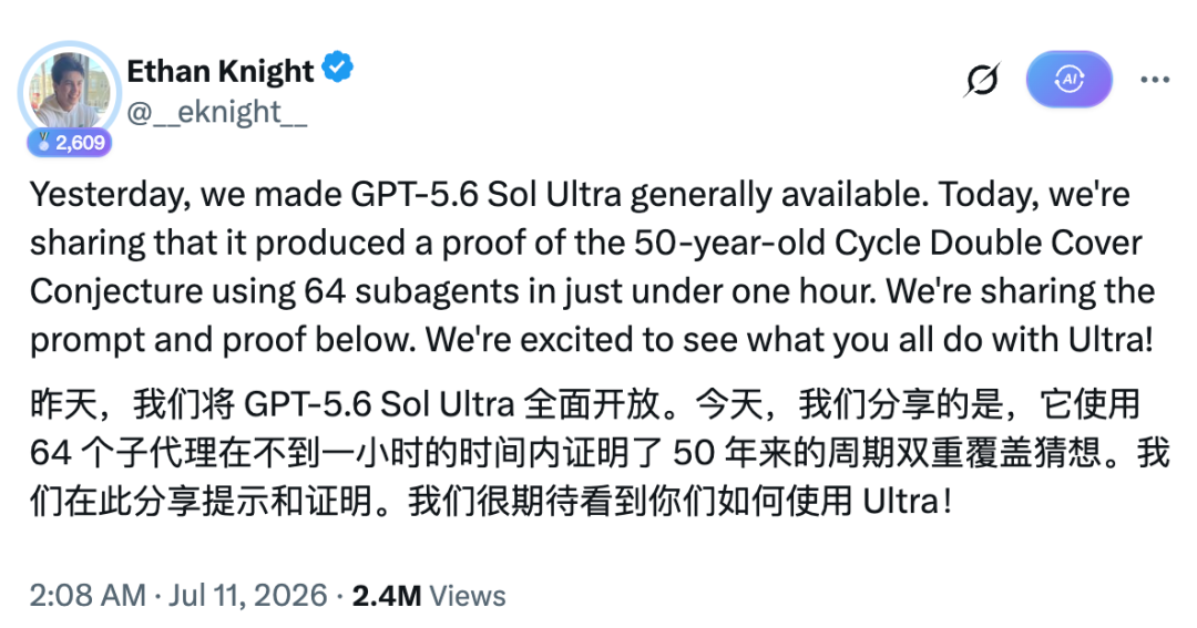 图片为OpenAI研究员Ethan Knight在Twitter上发布的消息,宣布将GPT-5.6 Sol Ultra全面开放。今天分享的是,该模型使用64个子代理在不到一小时内证明了50年来的周期双重覆盖猜想。还分享了提示和证明,并表示期待看到大家如何使用Ultra。该消息发布于2026年7月11日2:08 AM,有2.4M次查看。此图与上下文紧密相关,上下文介绍了OpenAI在图论领域取得的进展,此图是其发布的重要成果之一。