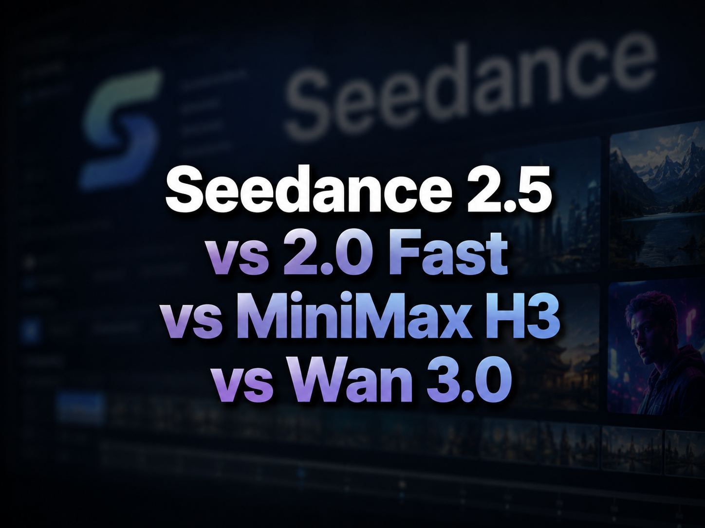 Der Bildhintergrund ist dunkel, mit dezent sichtbaren Elementen der Videobearbeitungsoberfläche. In der Bildmitte ist in violetter Schrift deutlich „Seedance 2.5 vs 2.0 Fast vs MiniMax H3 vs Wan 3.0“ hervorgehoben, darunter befindet sich ein unscharfes Videobild. Dieses Bild befindet sich im Abschnitt „SEO Cover Brief“ des Dokuments und dient als Beispiel für ein Cover-Design, das einen schlichten, technischen Stil für den Vergleich von KI-Videoqualität und -kosten zeigt. Es betont Markenlogos wie Seedance, MiniMax und Wan als Hintergrundelemente sowie die zentrale Vergleichslinie und den Titel.