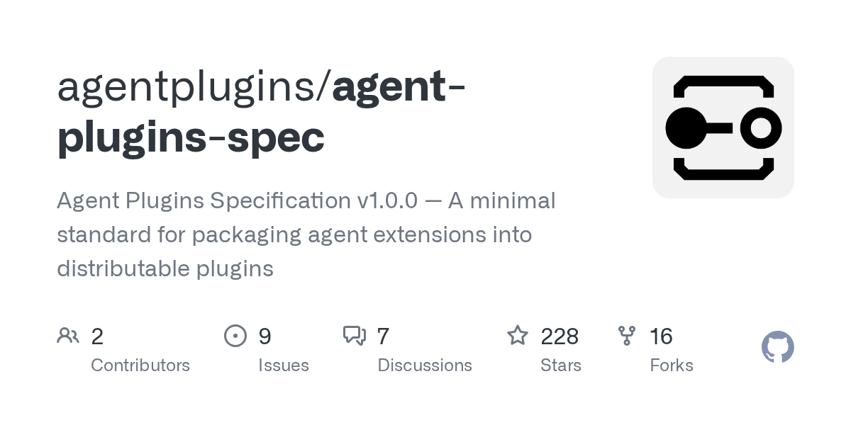 Agent Plugins 1.0 规范的 GitHub 项目页面，展示 v1.0.0 版本、项目简介、贡献者、议题、讨论、星标与分支数据。