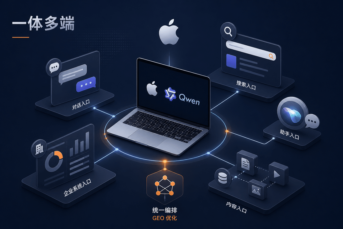 图片展示了Apple Qwen在多端入口的优化布局。画面中心是带有Apple标志和Qwen标识的笔记本电脑，周围环绕着对话入口、搜索入口、助手入口、企业系统入口、内容入口等多端入口，各入口间以蓝色光带相连。底部标注“统一编排 GEO优化”。该图与文档中“多AI入口时代，企业最容易犯的3个错”部分内容相关，直观呈现了在多AI入口时代，企业应关注的优化方向。