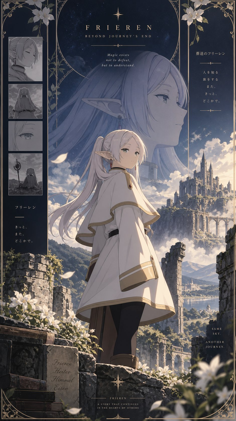 图片展示的是一个动漫风格的海报,名为“FRIEREN RETURN JOURNEY'S END”。画面中,一位长发女性角色站在前景,背景是废墟与城堡,天空中有云朵。海报左侧有多个角色的头像及日文文字,右侧有日文和英文文字。整体色调偏暗,带有幻想色彩,布局丰富,包含人物、建筑、文字等多种元素,体现了复杂的视觉设计,与文档中介绍的动漫海报布局测试相契合。