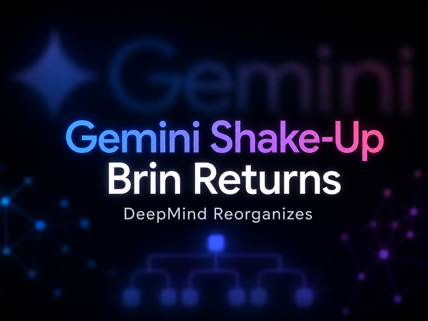 图片以深色背景为底,左侧有蓝色星形图案,右侧有“Gemini”字样。中间大字“Gemini Shake-Up”以蓝粉渐变色呈现,“Brin Returns”为白色。下方小字“DeepMind Reorganizes”为白色。底部隐约可见蓝色的组织结构图。该图片与文档中介绍Google Gemini重组、Sergey Brin回归等信息相关,作为封面图,简洁明了地传达了文章主题。