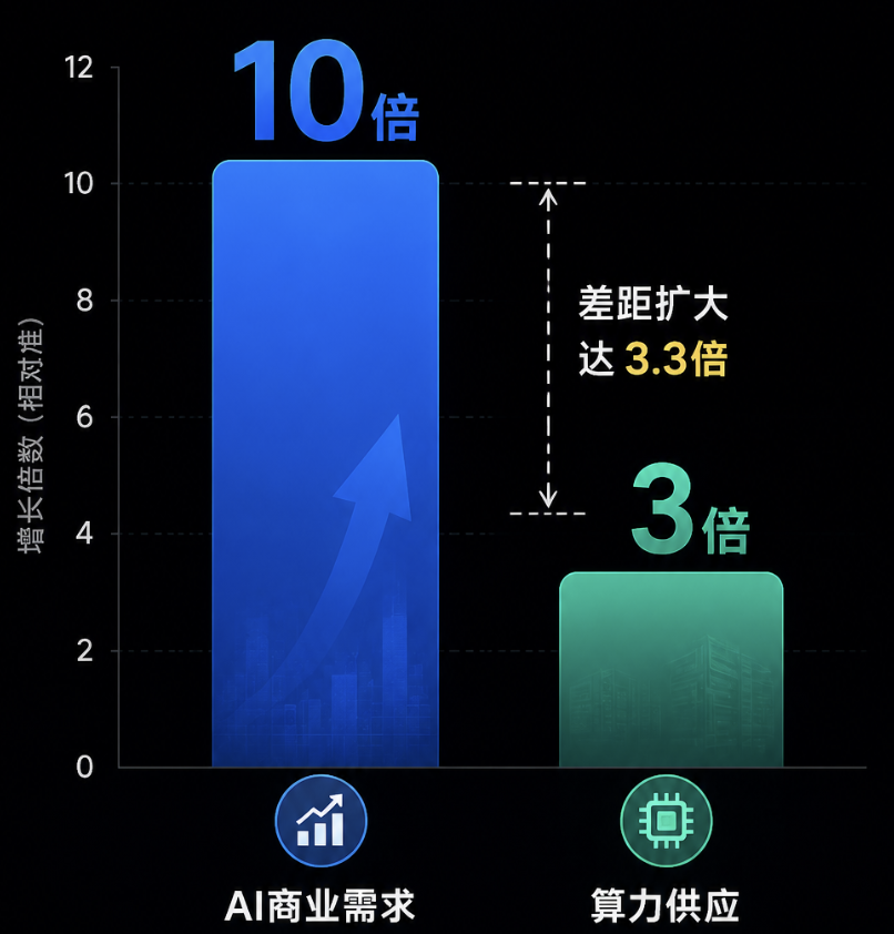 图片展示了AI商业需求与算力供应的增长倍数对比。左侧蓝色柱状图代表AI商业需求,增长倍数为10倍;右侧绿色柱状图代表算力供应,增长倍数为3倍。两者之间用虚线箭头连接,标注“差距扩大达3.3倍”。该图与上下文紧密相关,直观呈现了文档中提到的AI商业需求增长远超算力供应,导致两者差距扩大的情况,辅助说明了AI计算成本可能增加的原因。