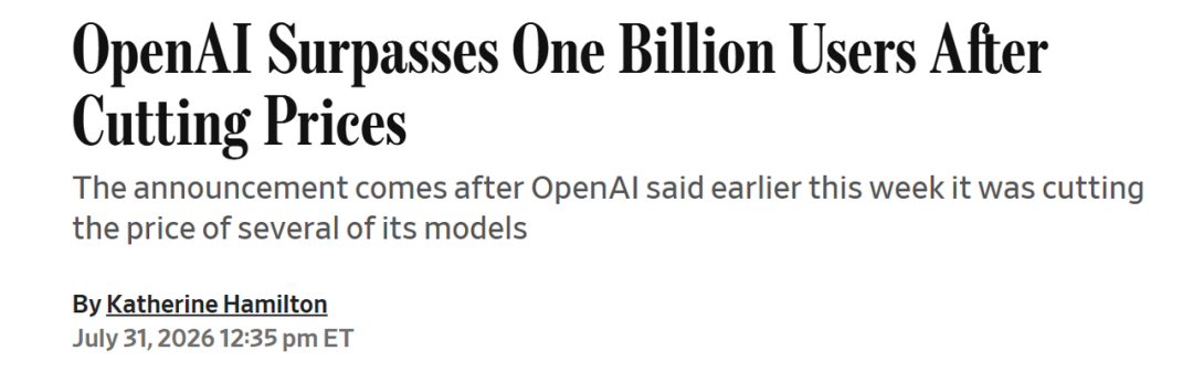 图片为一篇新闻标题截图,标题为“OpenAI在降价后突破10亿用户”,下方副标题指出该公告是在OpenAI本周早些时候宣布将降低其部分模型价格后发布的。作者为Katherine Hamilton,发布日期为美国东部时间2026年7月31日下午12:35。图片与上下文紧密相关,上下文提到OpenAI达到10亿用户里程碑,而该图片标题则与这一里程碑相关,暗示降价可能是其用户增长的原因之一。