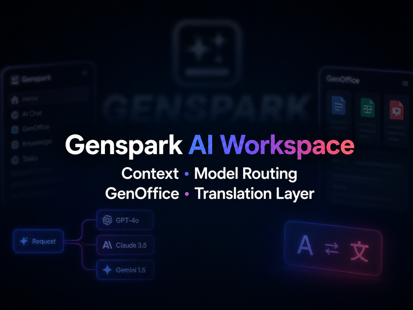 这张图是Genspark AI Workspace的相关界面,以深黑蓝色为背景,风格简约克制,带有蓝、紫、粉的柔和光效。画面中央清晰标注了该Workspace的核心组成部分:Context、Model Routing、GenOffice以及Translation Layer。左侧展示了“Request”指向GPT-4o、Claude 3.5、Gemini 1.5三款不同模型的示意;右侧呈现了代表翻译层的“A与文互转”标识,还隐约露出侧边栏的应用界面与GenOffice的文档类图标。画面顶部有Genspark的品牌标识,整体呼应了该AI workspace围绕共享上下文、模型路由等构建核心优势的主题。