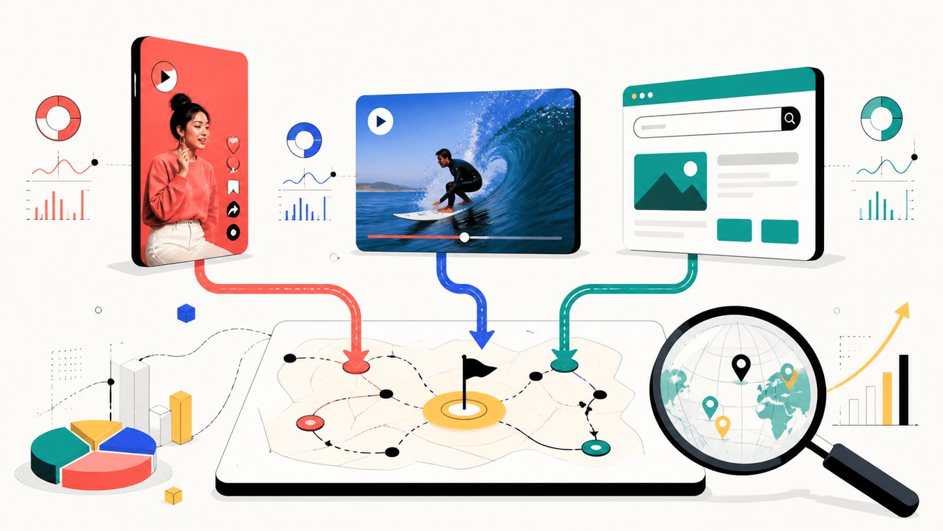 The image illustrates the multi-dimensional scenario of video content marketing. It shows elements like a phone, a tablet, and a web interface. On the phone, a woman is displayed; on the tablet, there's a surfing video; and the web interface has a search box. Below this, there is a map with dots in different colors connecting the phone, tablet, and web interface. To the right of the map are icons such as a magnifying glass and charts. This image is closely related to the context, visually presenting the entire process of video content from creation to distribution and then to search-driven traffic acquisition, emphasizing the multi-dimensional nature of video content marketing.