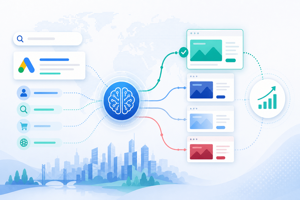 Dieses Bild veranschaulicht die Kernlogik der Google Ads AI Max Landingpage-Optimierung: Links stehen Suchfeld, Google-Logo, Nutzersymbole, Suchsymbol, Warenkorbsymbol, Netzwerksymbol usw. als Zugangspunkte und Bedürfnisse, das AI-Gehirn in der Mitte repräsentiert den technologischen Kern, blaue, grüne und rote Linien verbinden vier verschiedene Webseitenbeispiele, die zeigen, wie AI passenden Traffic auf die entsprechenden Seiten lenkt, und münden rechts in ein Diagramm mit Aufwärtspfeil, das die erzielte Leistungssteigerung darstellt – entsprechend der Funktionsweise von Google Ads AI Max zur Optimierung von Landingpages, präzisem Traffic-Matching und verbesserter Marketingwirkung.