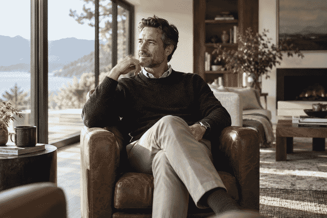 Client seated in a brown leather chair in a naturally lit living room
